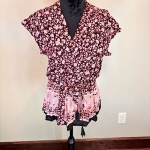 NWT Boho Me Collection Floral Wrap Blouse Top,Medium,Pink/Black, Spring Summer